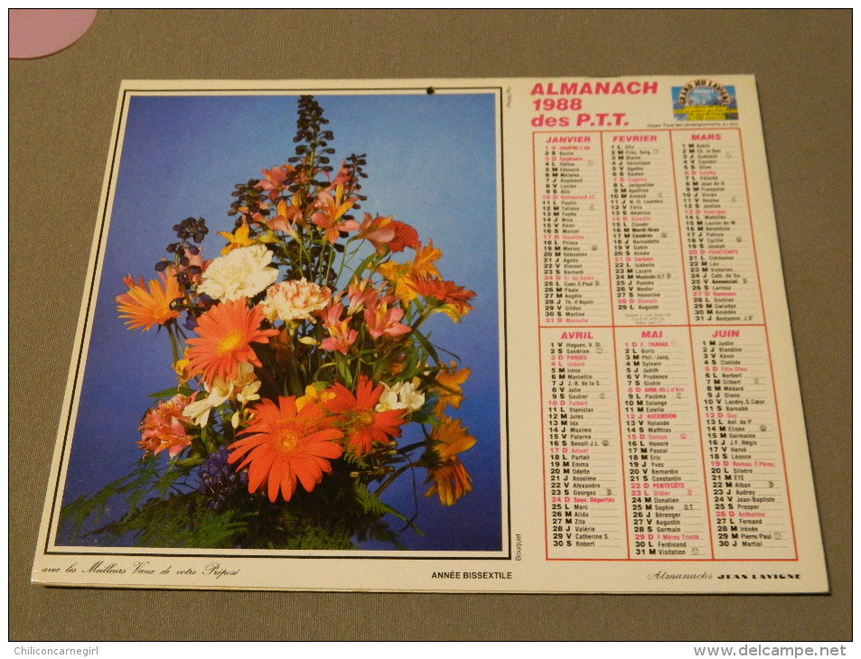 Calendrier 1988 - JEAN LAVIGNE - Photo PIX - Femme Romantique - Bouquet - Année Bissextile - Formato Grande : 1981-90