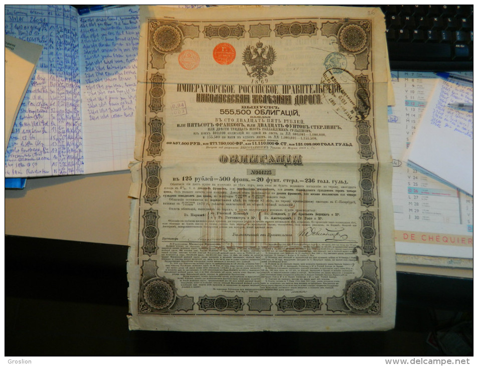 RUSSIE OBLIGATION 1869 CHEMIN DE FER NICOLAS (125 ROUBLES) RUSSIA NICOLAS RAILROAD 1869 - Russia