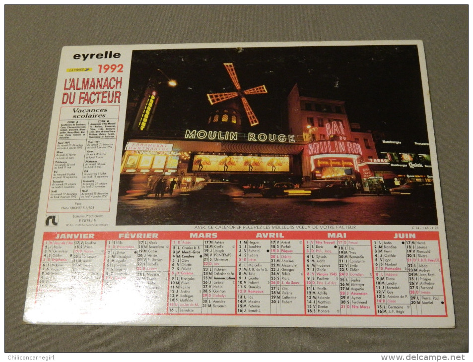 Calendrier 1992 - EYRELLE - J.P. DUCATEZ - Les Bouquinistes, Quai De Paris - Moulin Rouge - Formato Grande : 1991-00