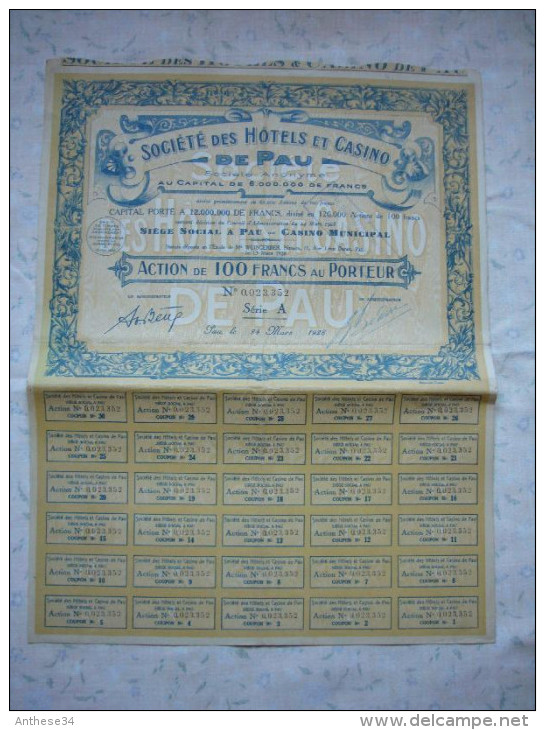 Belle Action  France Société Des Hôtels Et Casinos De Pau 1928  Obligation De 100 Francs  Au Porteur - Casino