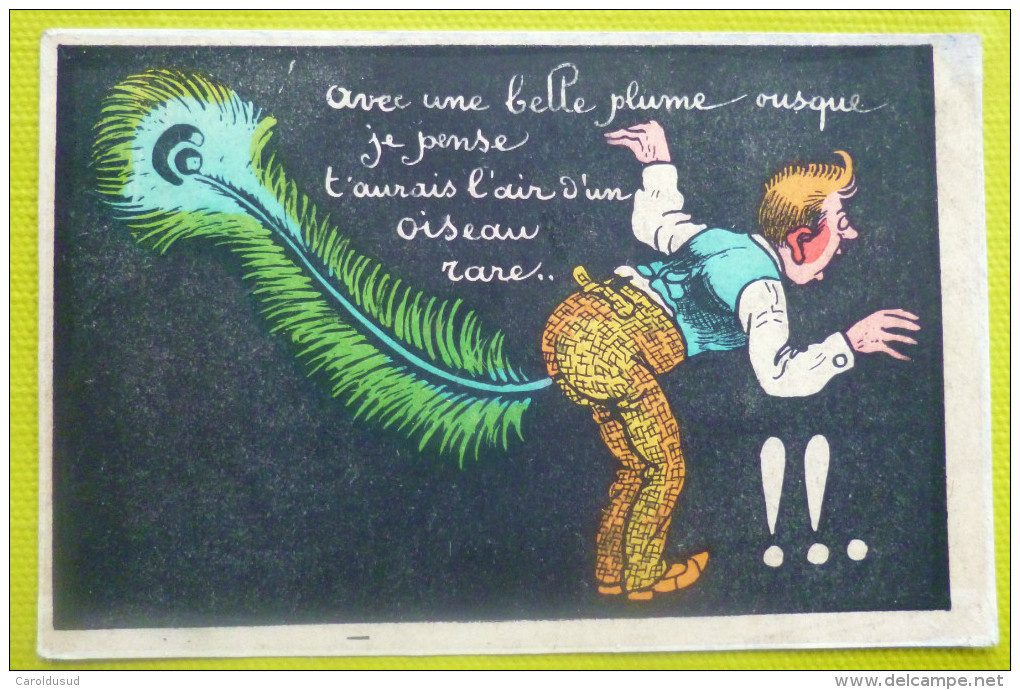 Litho Fond Noir Illustrateur Norwins ? Style SAGER Grivois Homme Et Plume De Paon Dans Le Derriere Oiseau Rare - Norwins