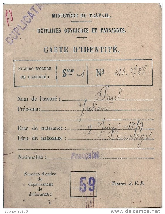 NORD PAS DE CALAIS - 59 - NORD - BEUVRAGES - Carte D'identité - Ministère Du Travail 1922 - Non Classés