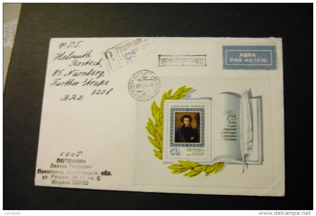 Russia 4202 Pushkin Souvenir Sheet Block On Registered Cover 1974 A04s - Lettres & Documents