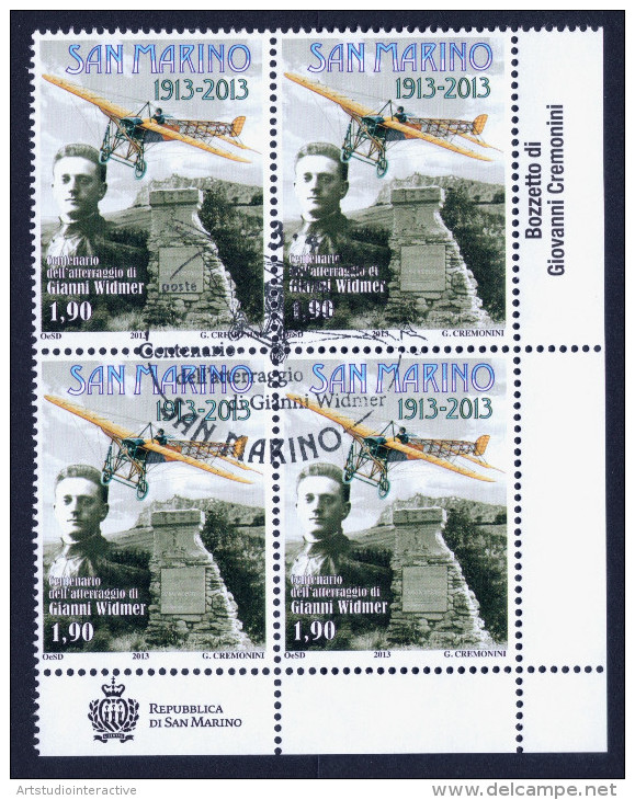 2013 SAN MARINO "CENTENARIO ATTERRAGGIO GIANNI WIDMER" QUARTINA ANNULLO GIORNO EMISSIONE - Used Stamps