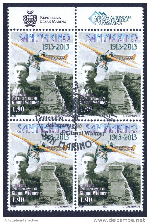 2013 SAN MARINO "CENTENARIO ATTERRAGGIO GIANNI WIDMER" QUARTINA ANNULLO GIORNO EMISSIONE - Used Stamps