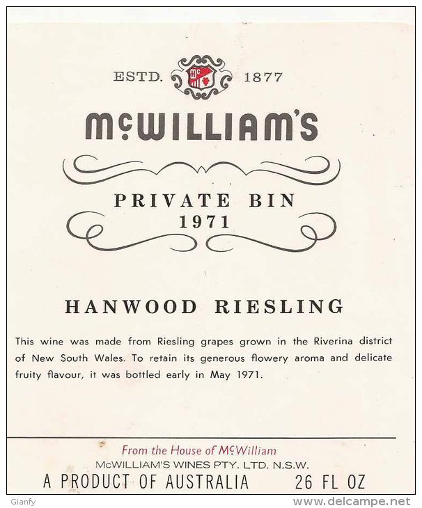 MC WILLIAM'S HANDWOOD RIESLING AUSTRALIA WINE LABEL - Riesling