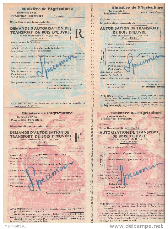 MINISTERE AGRICULTURE AUTORISATION TRANSPORT BOIS BON TICKET BILLET RATIONNEMENT CONTROLE - 1939-45