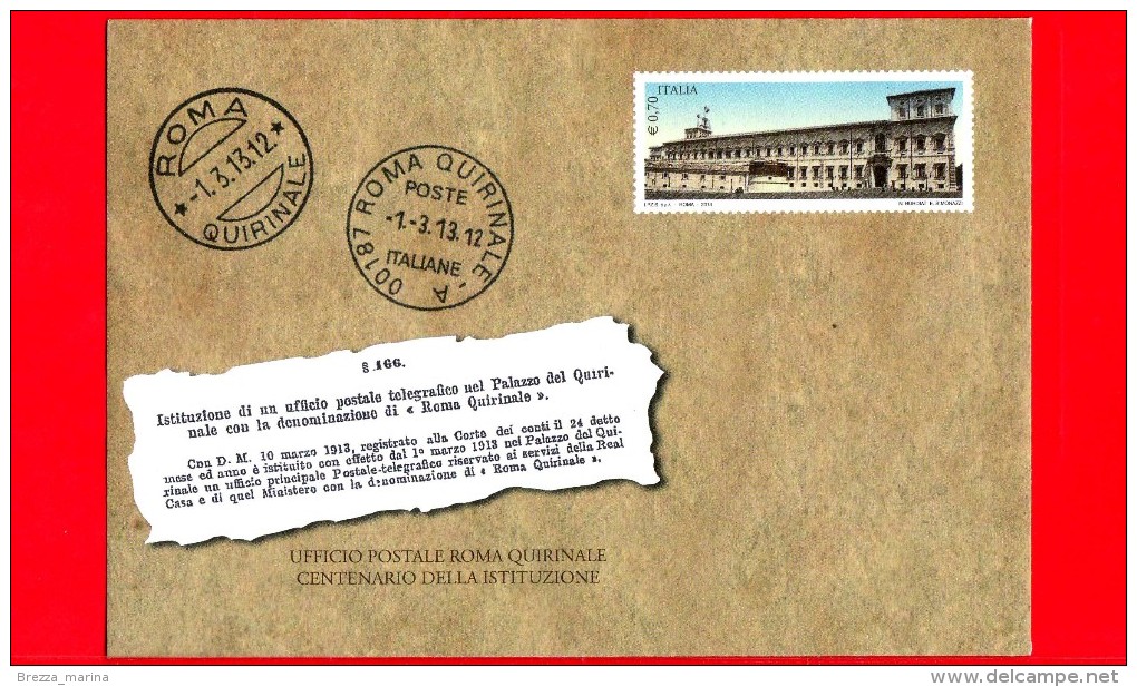 Nuovo - ITALIA - 2013 - Busta Postale - Intero - 100 Anni Dell´istituzione Dell´ufficio Postale Di Roma Quirinale - 0,70 - Interi Postali