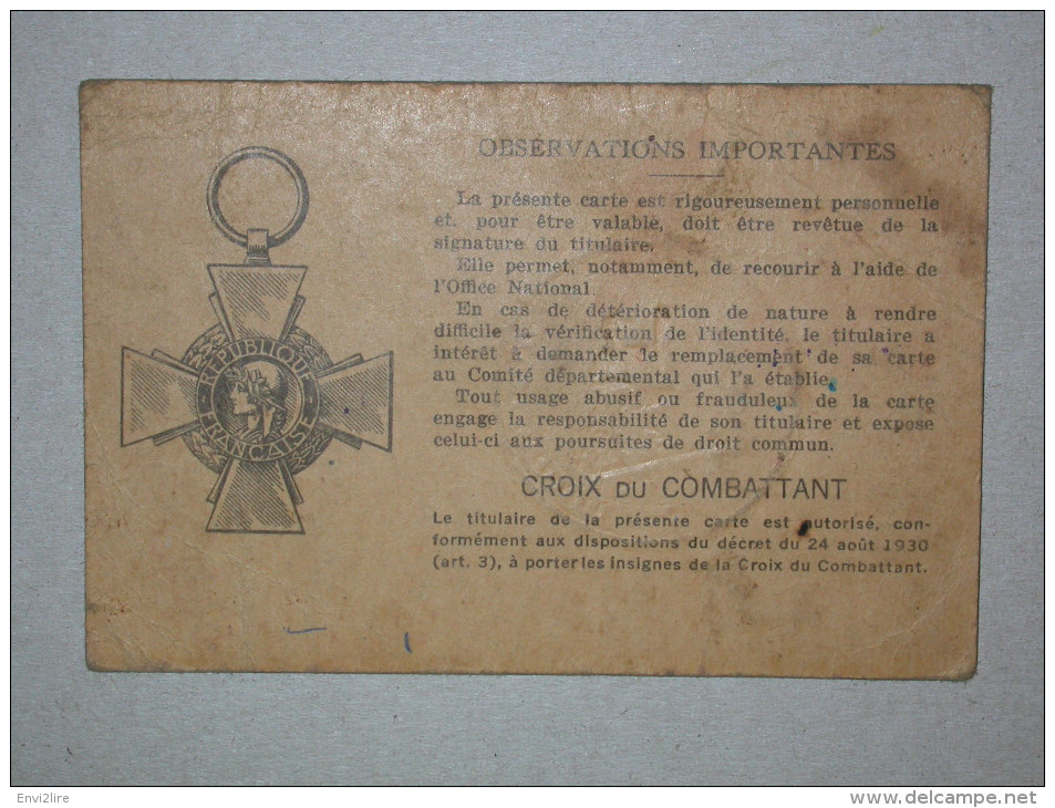 Ref3793 E1325 - Carte Du Combattant Poilu Né En 1891, Délivrée En 1935 En Corrèze - Document Historique - Historische Documenten