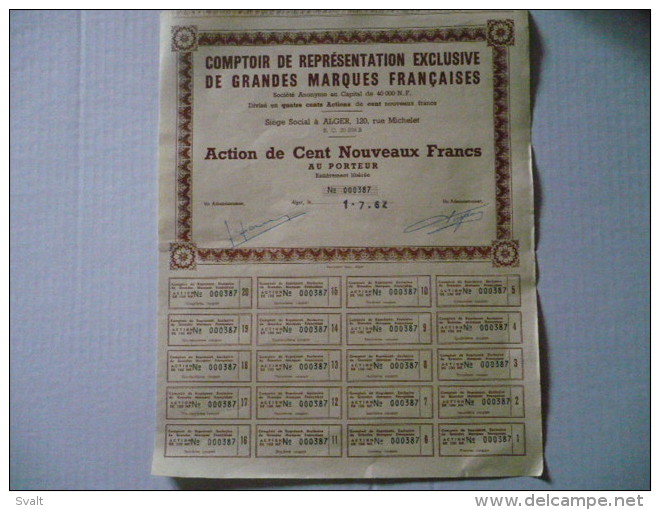 Algérie : Introuvable Car Seulement 400 Exemplaires :  Action De 100 NF Comptoir De Représentation De Grandes Marques.. - Autres & Non Classés
