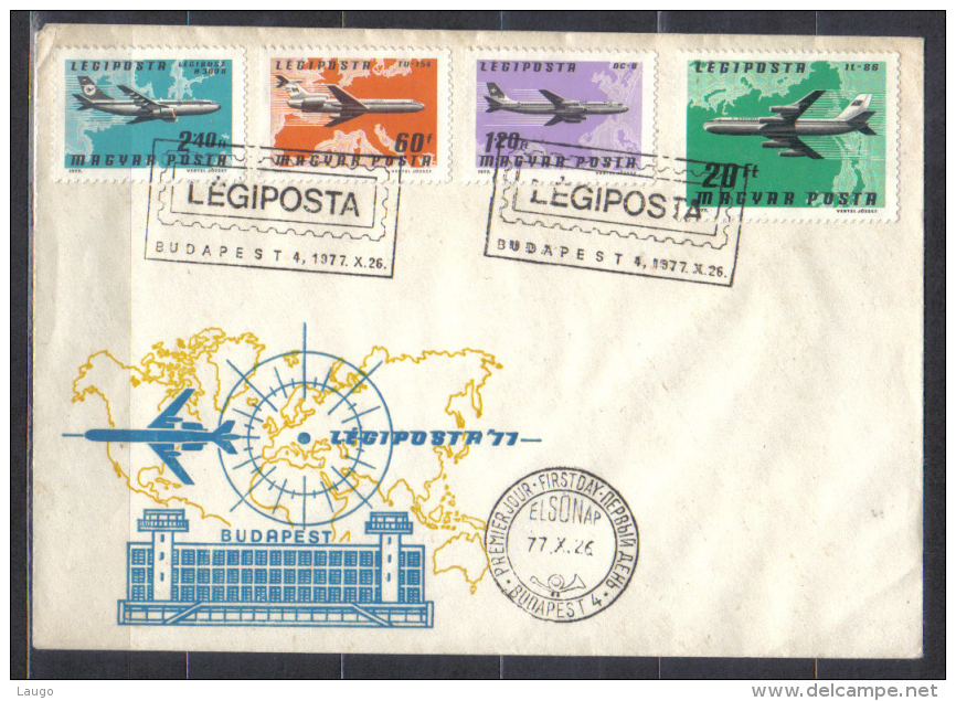 Hungary FDC  4 Stamps From Set Aeroplanes   IL - 86 , TU - 154 , DC - 8 ,  Airbus  1977 - Aviones