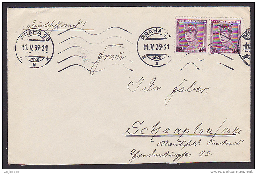Böhmen Und Mähren Praha Prag DR Vorläufer -Brief 60 Heller V 349(2) Nach Schraplau / Halle, 1939 - Ocupación 1938 – 45