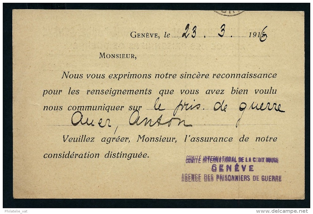 FRANCE  FORMULAIRE DE LA CROIX ROUGE CONCERNANT L ETAT DE SANTE D UN PRISONNIER ALLEMAND A L HOPITAL DE ROMANS 1916 - Croce Rossa