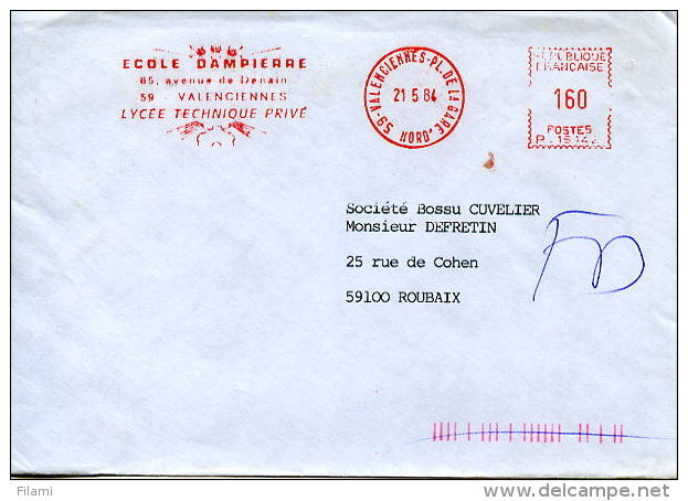 EMA Illustrée Engrenage,Ecole DAMPIERRE, Lycée Technique Privé Sur Lettre, Envelope Obliterée 21.5.84 Valenciennes Pl De - Física