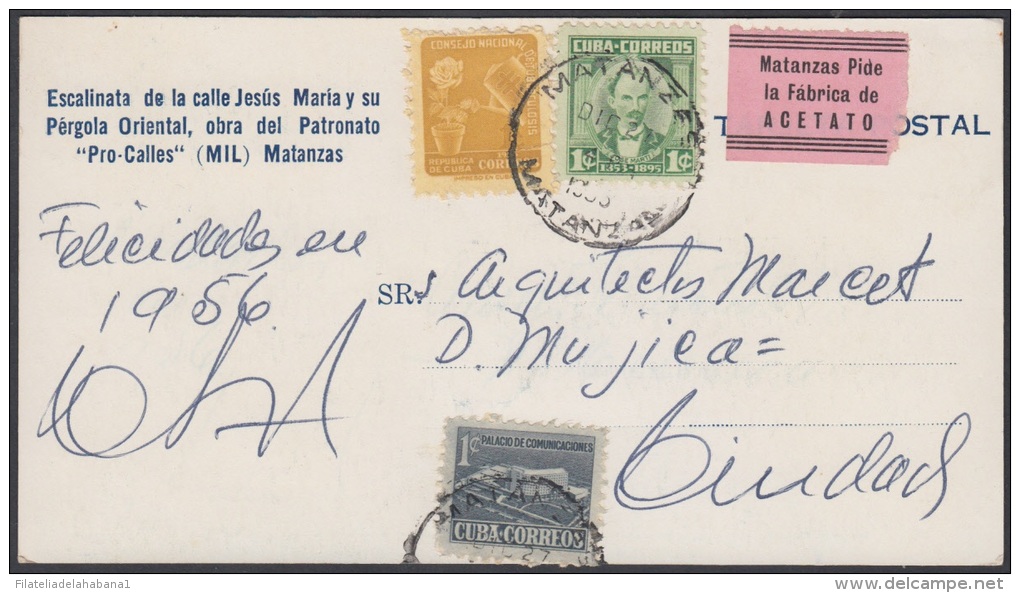 1954-H-16 CUBA. REPUBLICA. 1955. VIÑETA MATANZAS PIDE LA FABRICA DE ACETATO. TARJETA POSTAL. PATRONATO PRO-CALLES. - Cartas & Documentos