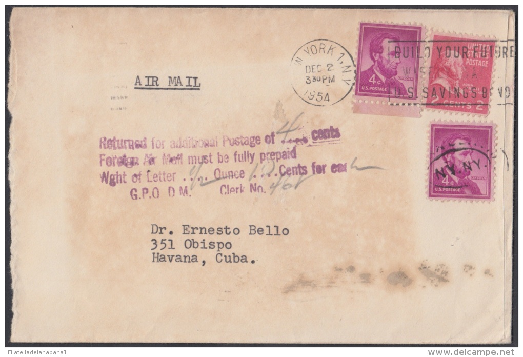 1954-H-18 US. 1954. SOBRE CON TASA POR COBRAR. POSTAGE DUE. NEW YORK. US. 1954. - Covers & Documents