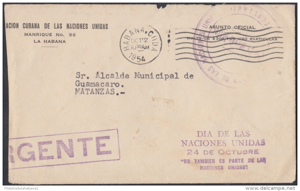 1954-H-19 US. 1954. SOBRE DE CORREO OFICIAL URGENTE. DIA DE LAS NACIONES UNIDAS. NA DAY SPECIAL CANCEL. - Lettres & Documents