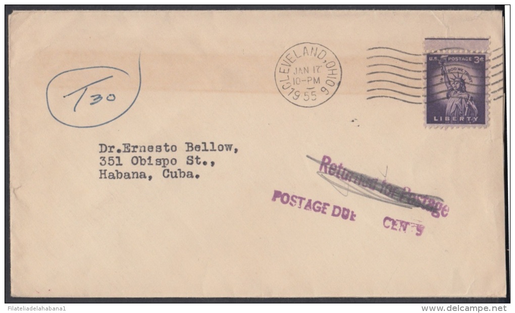 1955-H-22 US. 1955. SOBRE CON TASA POR COBRAR. POSTAGE DUE. CLEVELAND. US. - Cartas & Documentos