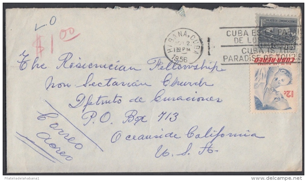1956-H-20 CUBA. REPUBLICA. 1956. DIA DE LAS MADRES. 12c. MARCA: CUBA ES EL PARAISO DE LOS TURISTAS. PARADISE TOURIST - Cartas & Documentos