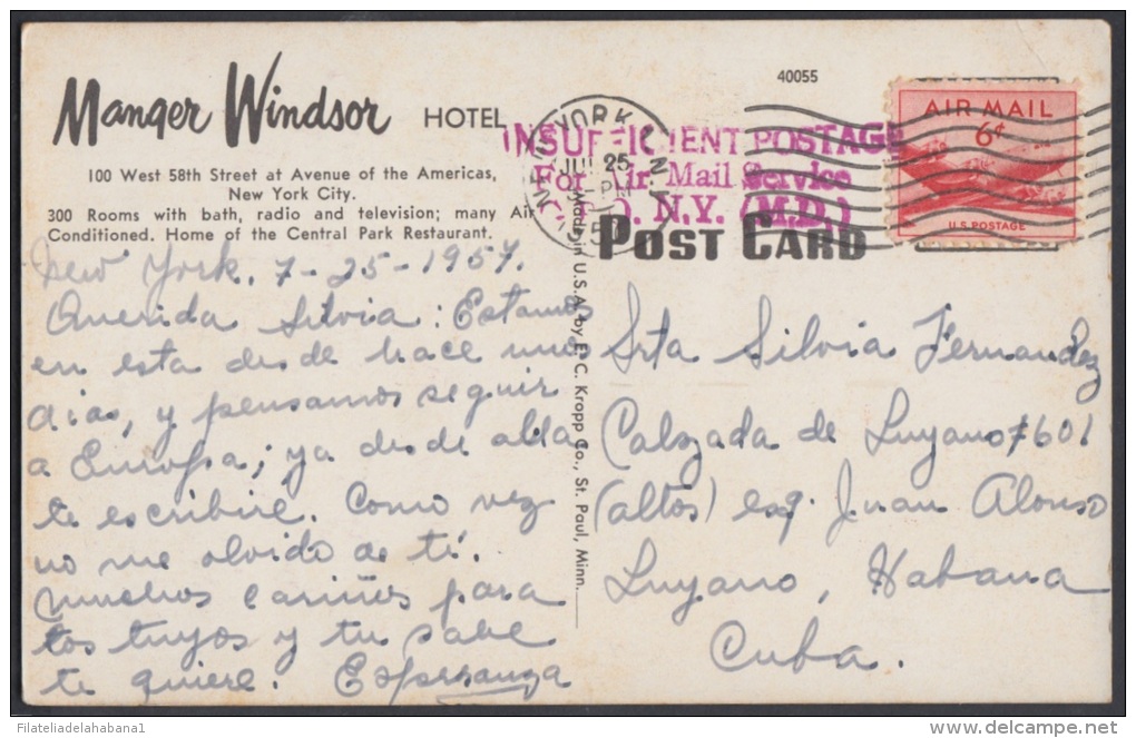 1957-H-8 US. 1955. SOBRE CON TASA POR COBRAR. POSTAGE DUE. HOTEL WINDSOR. NEW YORK. US. - Cartas & Documentos