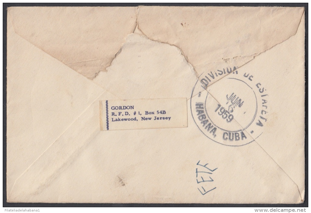 1959-H-4 US FDC COVER LAKEWOOD. NEW JERSEY TO CUBA 1959. HAVANA. MARCA: AYUDE A SU CARTERO&hellip;4 POR CIENTO CAJA POST - Storia Postale