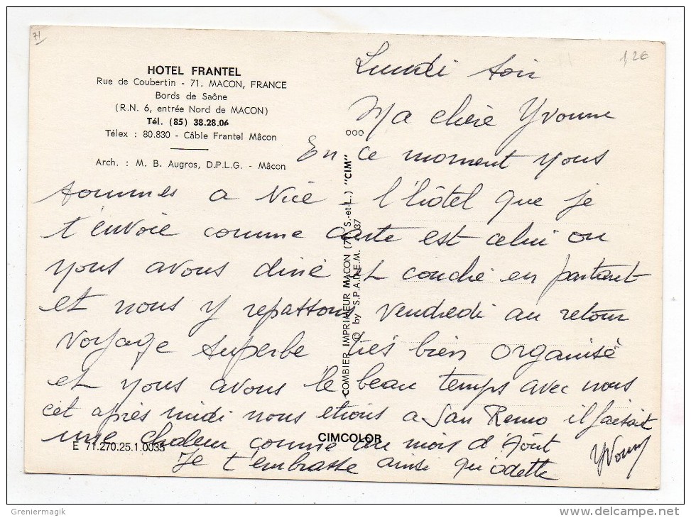 Cpsm 71 - Macon - Hôtel Frantel Rue De Coubertin (R.N. 6 Entrée Nord De Macon - Arch. Augros D.P.L.G.) - Macon