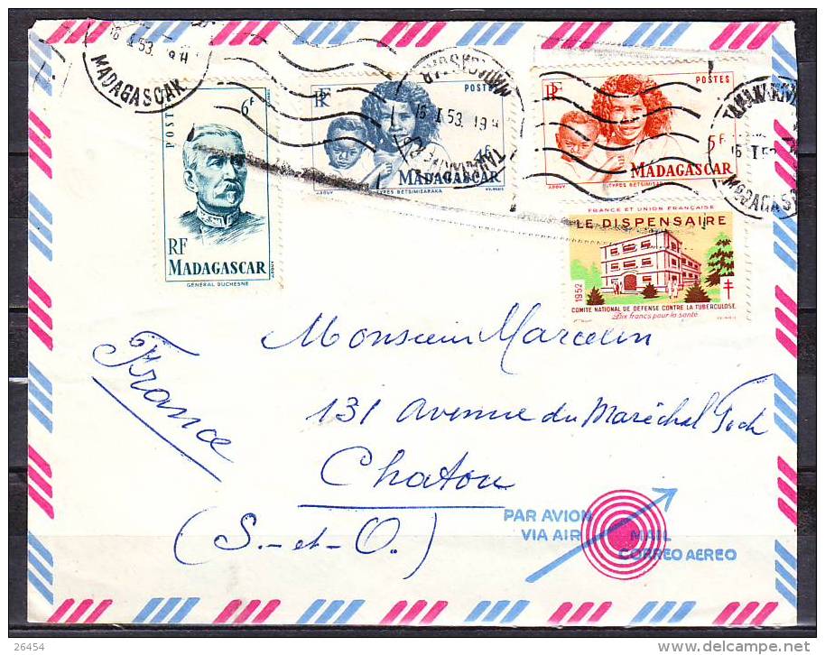 Lettre De ANOSIVAVAKA  Ambohimanarina Cachet TANANARIVE Le 16 1 1953  Affranhie Avec 3 Timbres + 1 Vignette PAR AVION - Madagaskar (1960-...)