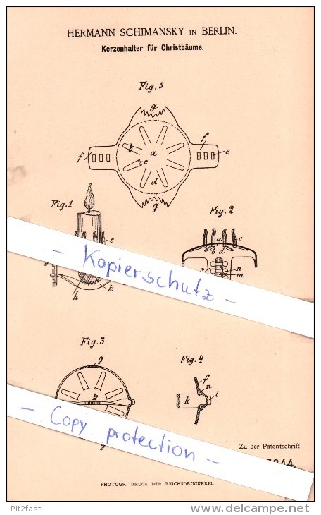 Original Patent - Hermann Schimansky In Berlin , 1888 , Kerzenhalter Für Christbäume !!! - Kerstversiering