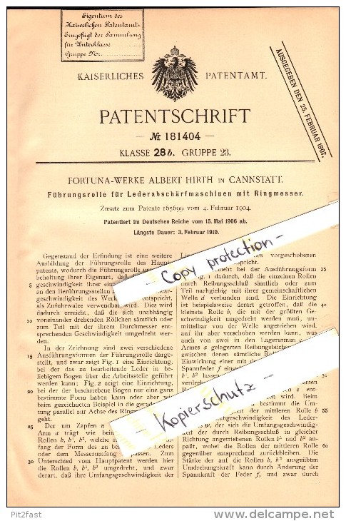 Original Patent - Fortuna-Werke Alberth Hirth In Cannstatt , 1906 , Lederabschärfmaschine Mit Ringmesser , Stuttgart !!! - Historische Dokumente