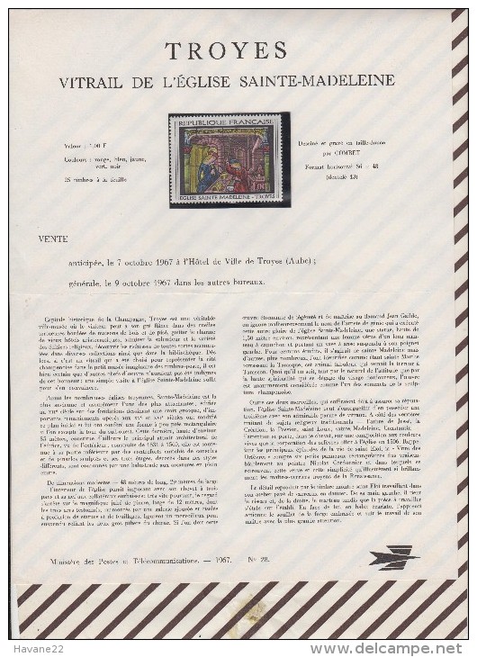 341 Document Poste Telecommucation 1967 N°28 Timbre Neuf TROYES VITRAIL EGLISE STE MADELEINE - Documents De La Poste