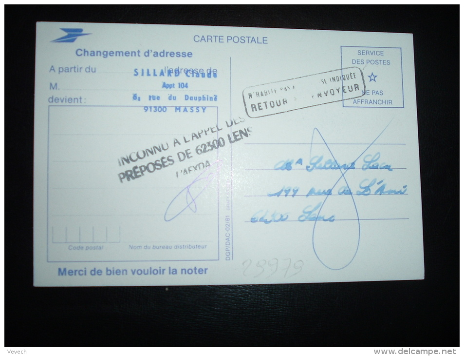 CP CHANGEMENT D'ADRESSE PTT CODE POSTAL + GRIFFE LENS (62 PAS DE CALAIS) - Handstempel