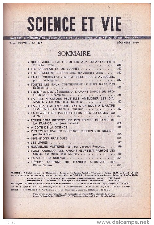 SCIENCES ET VIE N° 399 DEC 1950 JOUETS CHASSE NEIGE TELEVISION EAU PILE ATOMIQUE MINES CEVENNES COREE ROUEN - Science