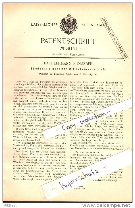 Original Patent - Karl Lehmann In Dresden , 1892 , Streichholzbehälter Mit Geheimverschluß , Streichholzschachtel !!! - Zündholzschachteln