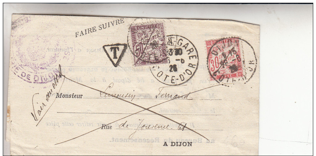 Mairie De Dijon-bureau Du Recensement-Taxée 80cts-timbres Taxes Annulés A La Plume Suite Au Refus De La Lettre-1926 - 1859-1959 Covers & Documents