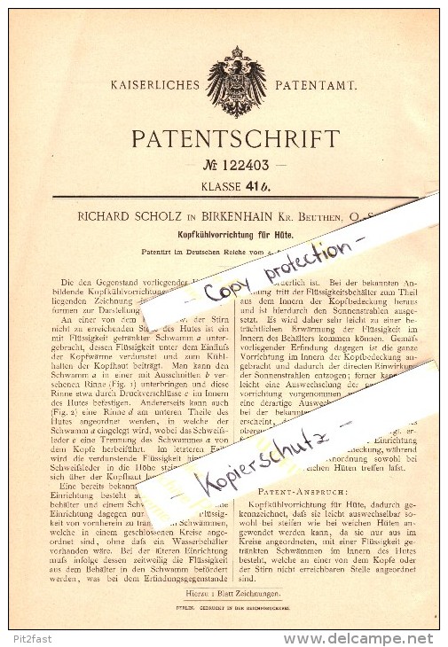 Original Patent - Richard Scholz In Birkenhain / Piekary Slaskie , 1900 , Kühlvorrichtung Für Hüte , Beuthen , Schlesien - Historische Dokumente