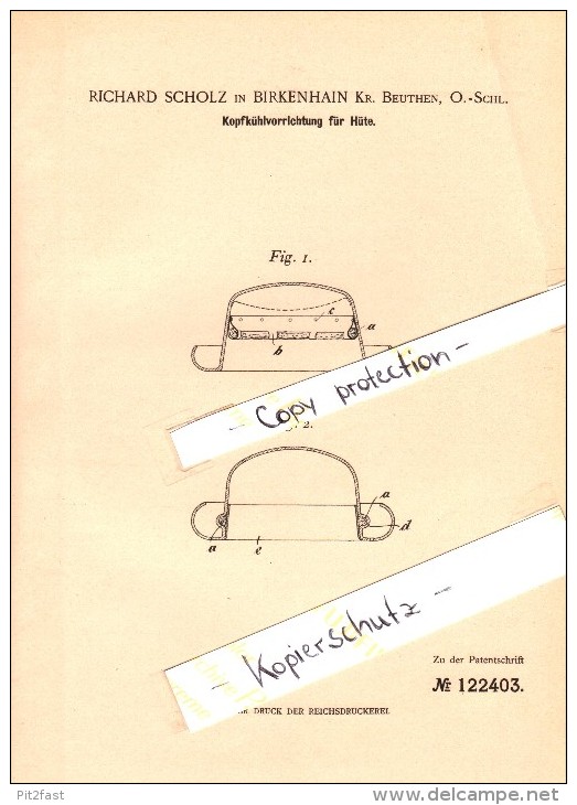 Original Patent - Richard Scholz In Birkenhain / Piekary Slaskie , 1900 , Kühlvorrichtung Für Hüte , Beuthen , Schlesien - Historische Dokumente