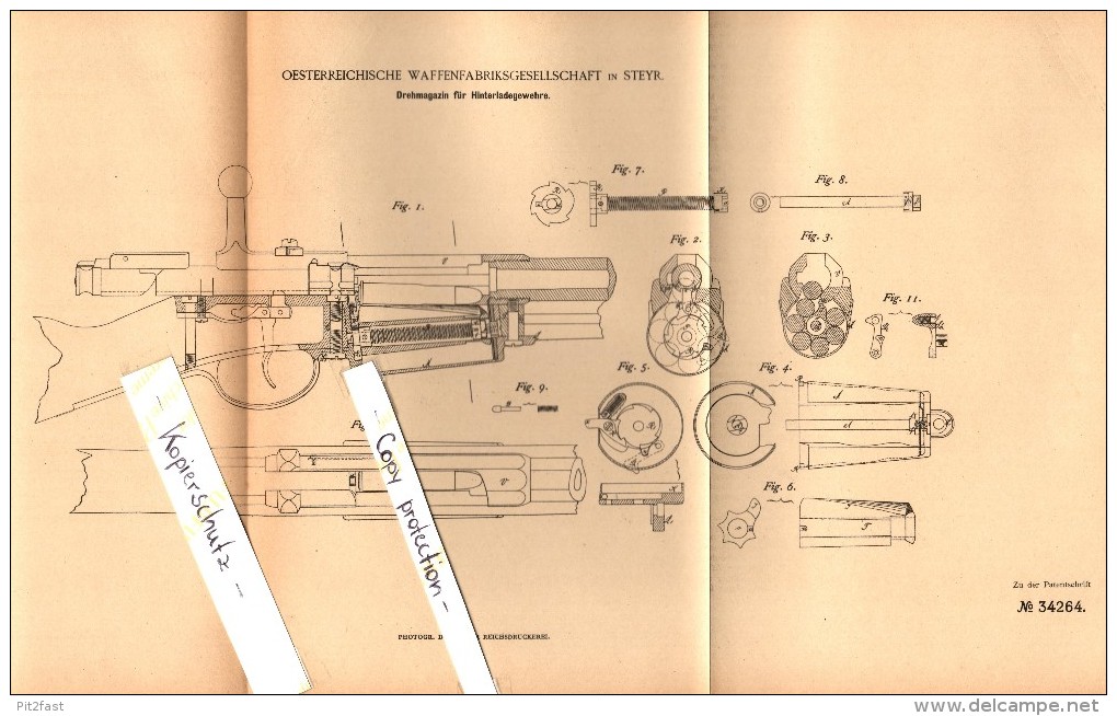 Original Patent - Österreichische Waffenfabrik In Steyr , 1885 , Drehmagazin Für Hinterlader-Gewehre !!! - 1914-18