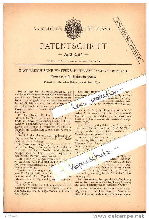 Original Patent - Österreichische Waffenfabrik In Steyr , 1885 , Drehmagazin Für Hinterlader-Gewehre !!! - 1914-18