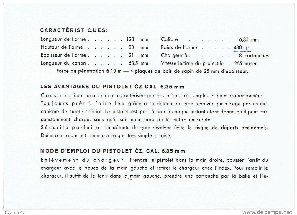 Dépliant Publicitaire 2 Volets PISTOLET AUTOMATIQUE CZ Calibre 6,35 Mm -CESKA ZBROJOVKA -NARODNI PODNIK - CZECHOSLOVAKIA - Armi Da Collezione