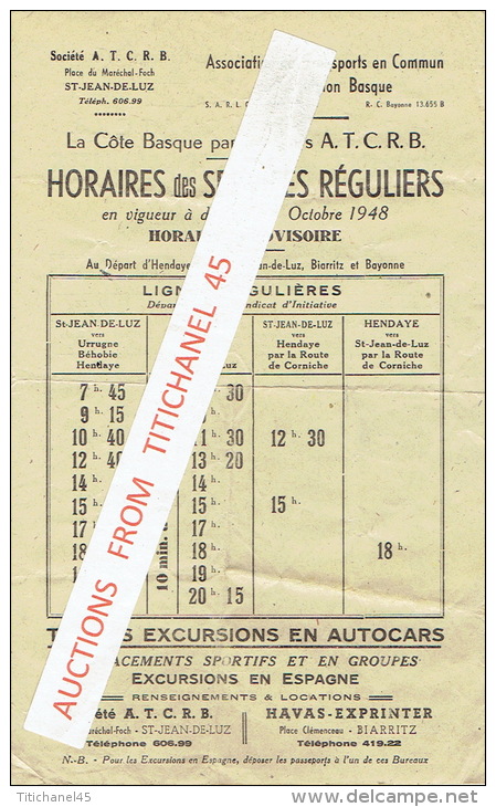 HORAIRE 4 OCTOBRE 1948 - La Côte Basque Par Les Cars A.T.C.R.B. - HENDAYE Vers SAINT-JEAN-DE-LUZ, BIARRITZ & BAYONNE - Europe