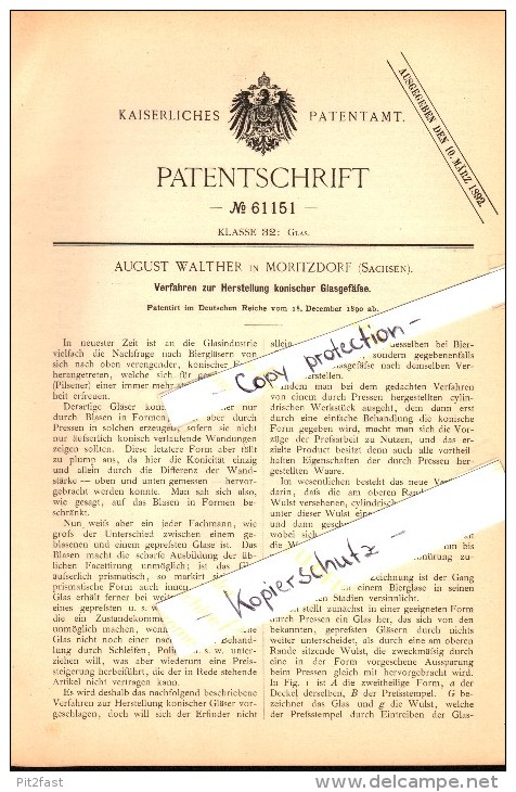 Original Patent - August Walther In Moritzdorf / Ottendorf-Okrilla I.S. , 1890 , Herstellung Konischer Glas-Gefäße !!! - Glass & Crystal