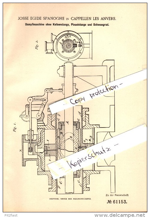 Original Patent - Josse Egide Spanoghe In Kapellen Les Anvers , 1891 , Dampfmaschine Ohne Kolbenstange !!! - Historische Dokumente