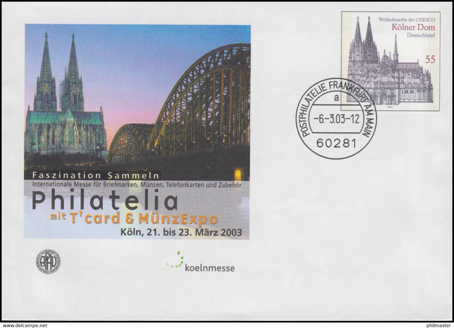 USo 55 PHILATELIA Köln 2003 Und Kölner Dom, VS-O Frankfurt 6.2.2003 - Enveloppes - Neuves