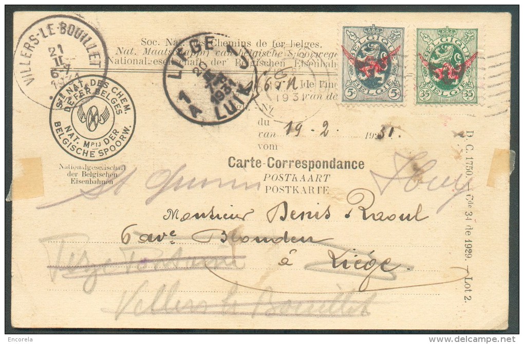 Service N°7+10 - 5+35 Centimes Obl. Sc Mécanique De LIEGE 3 Sur Carte De La SNCB Du 19-2-1931 Vers Liège (biffé) Et Réex - Otros & Sin Clasificación