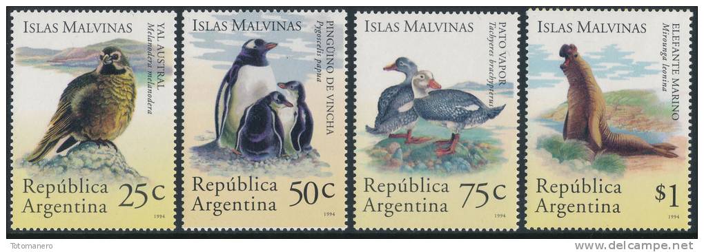 ARGENTINA 1994 ANTARTIDA Islas Malvinas, Polar Fauna, 4v** - Fauna Antártica