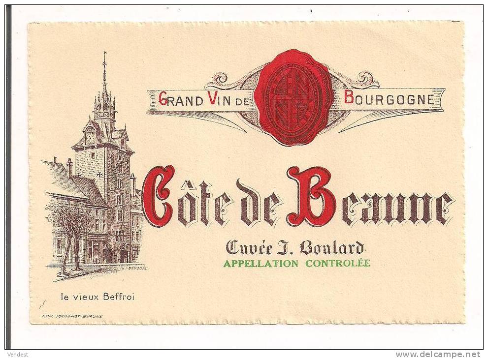 Etiquette Côte De Beaune Cuvée J.Boulard - Le Vieux Beffroi - Imp. Jouffroy à Beaune - - Bourgogne