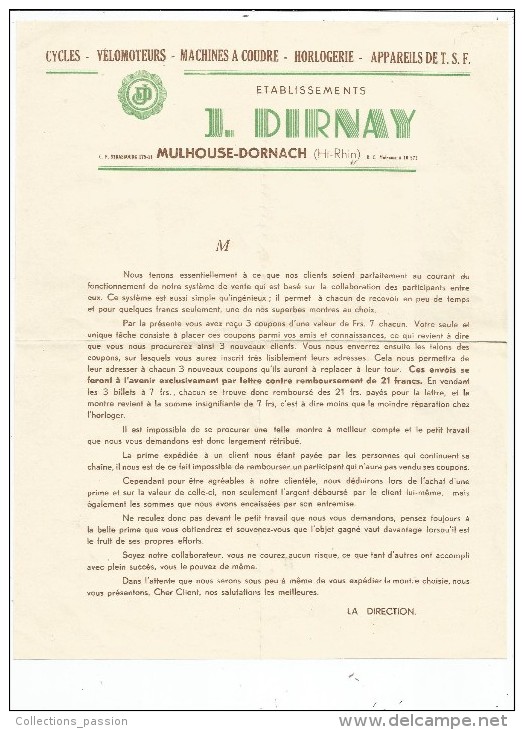 Lettre Commerciale , Cycles , Vélomoteurs , Horlogerie , T.S.F. , Ets J. Dirnay , Mulhouse-Dornach , Haut Rhin - Autres & Non Classés