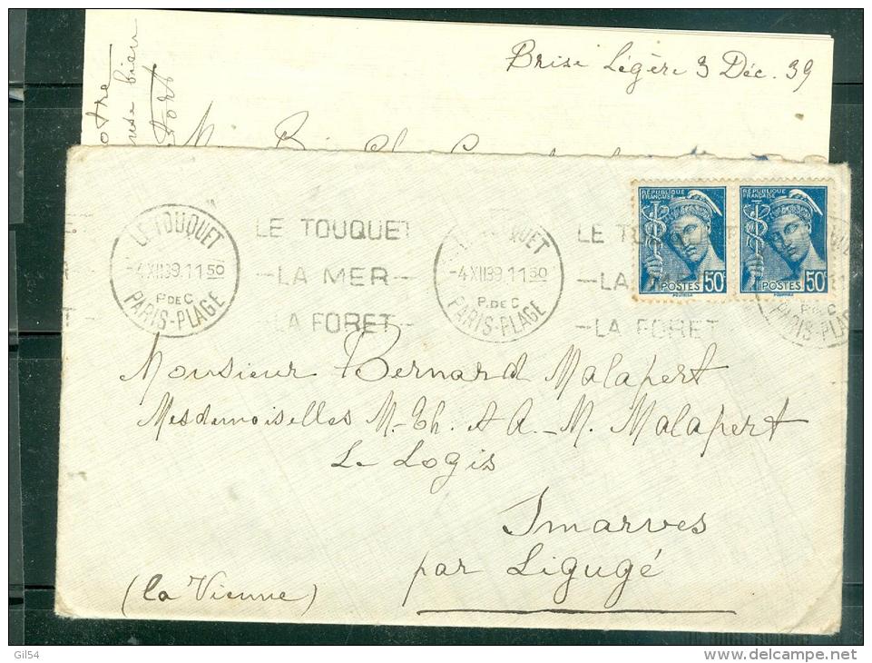 TYPE MERCURE MAURY N°414A Paire Sur LAC  Oblitéré Le Touquet En Decembre 1939  - Malb3601 - 1938-42 Mercurius