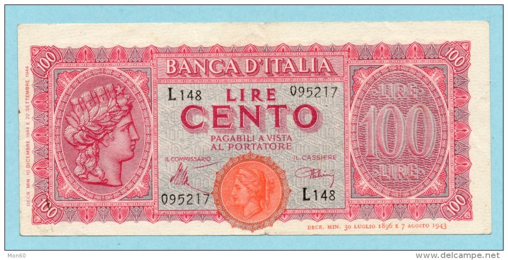 BANCONOTA ITALIA - LIRE 100, CENTO LIRE (10-12-1944) BB - Andere & Zonder Classificatie