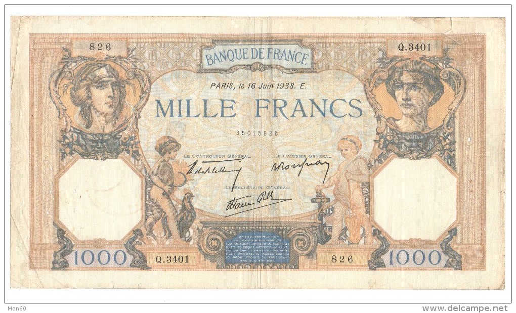 BANCONOTA FRANCIA - MILLE FRANCS, 1000 FRANCS (16-6-1938) MB - 1 000 F 1927-1940 ''Cérès Et Mercure''